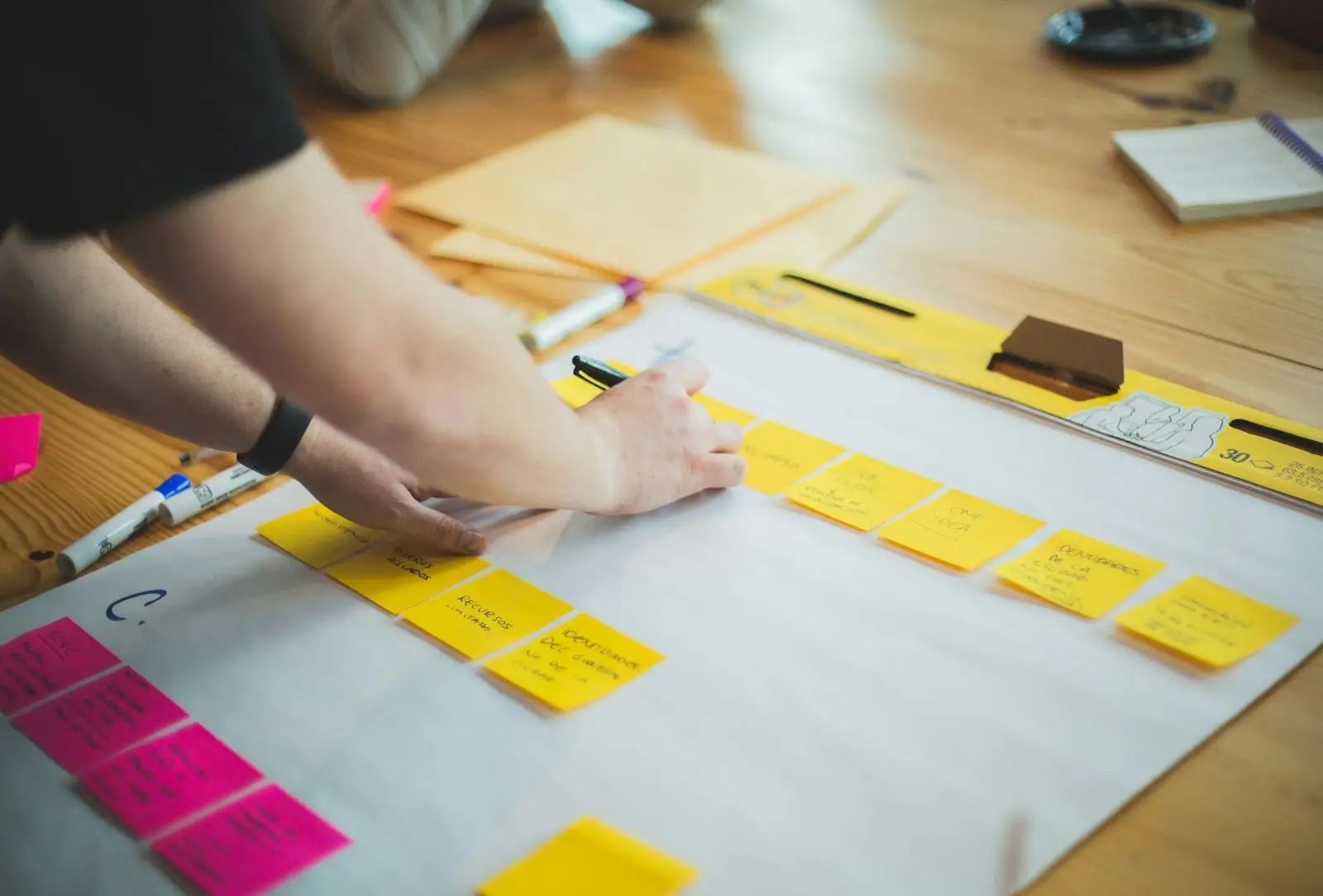 Strategist organizing priorities on a collaborative planning board