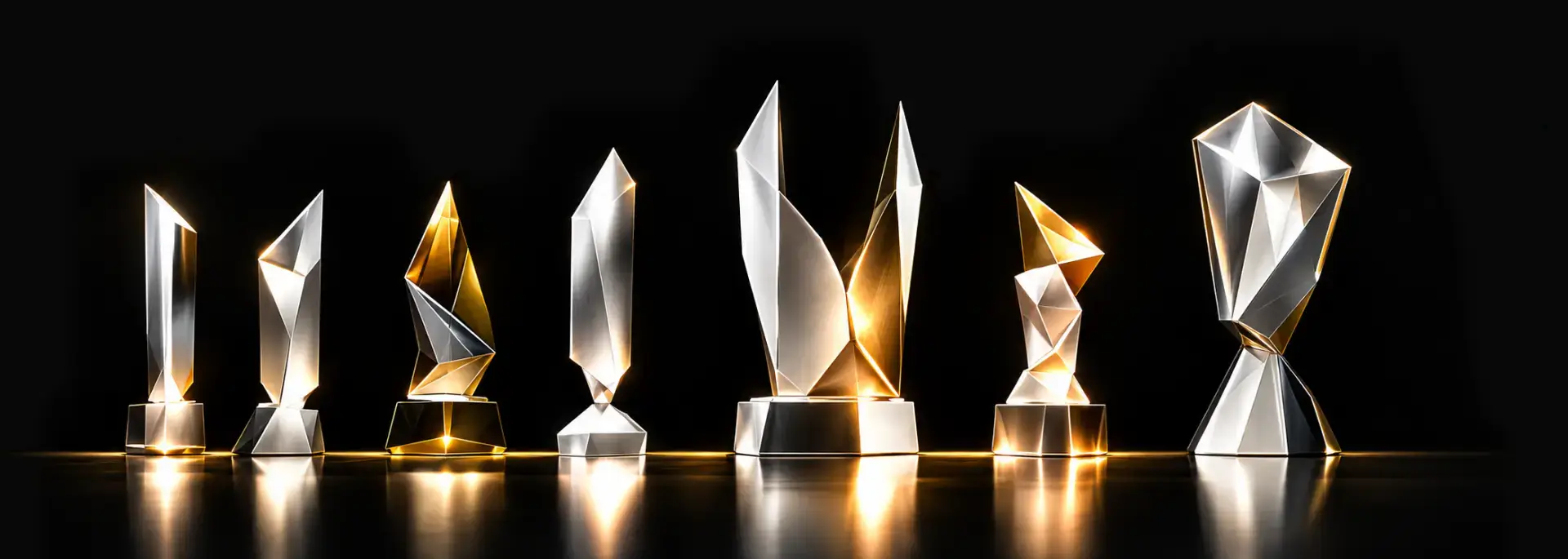 A row of faceted gold and ivory awards